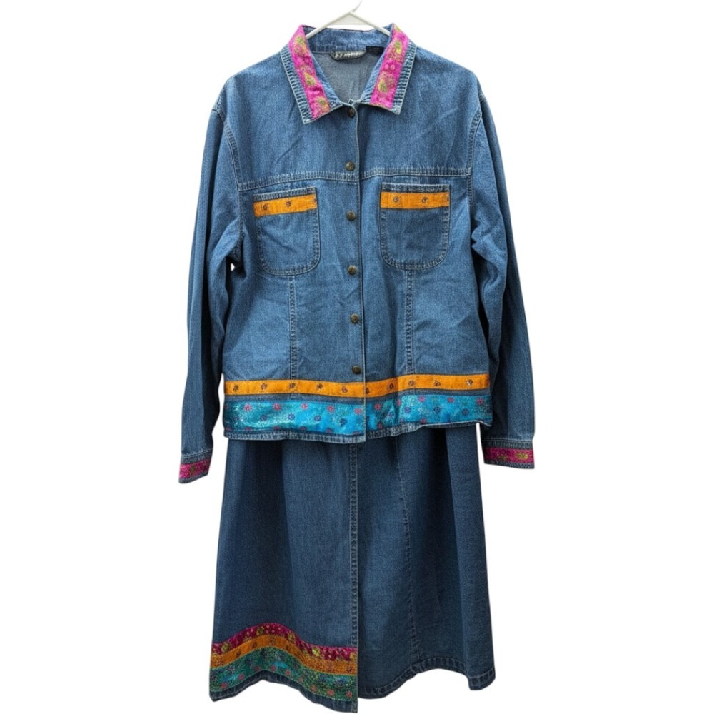 D.D. Designs Womens 3X Denim Jacket Skirt Set Embroidered Boho Blue Cotton 2pc